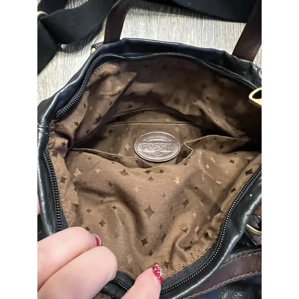 Vintage Fossil Explorer Black Leather Foldover Satchel Crossbody‎ Bag